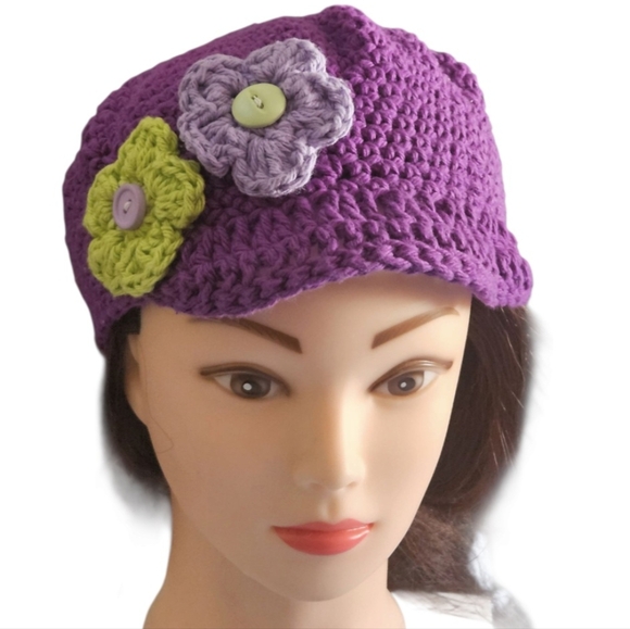 Handmade Boho Crochet Hat Cotton Floral Cap Purple Lavender Summer Werable Art - Picture 11 of 17